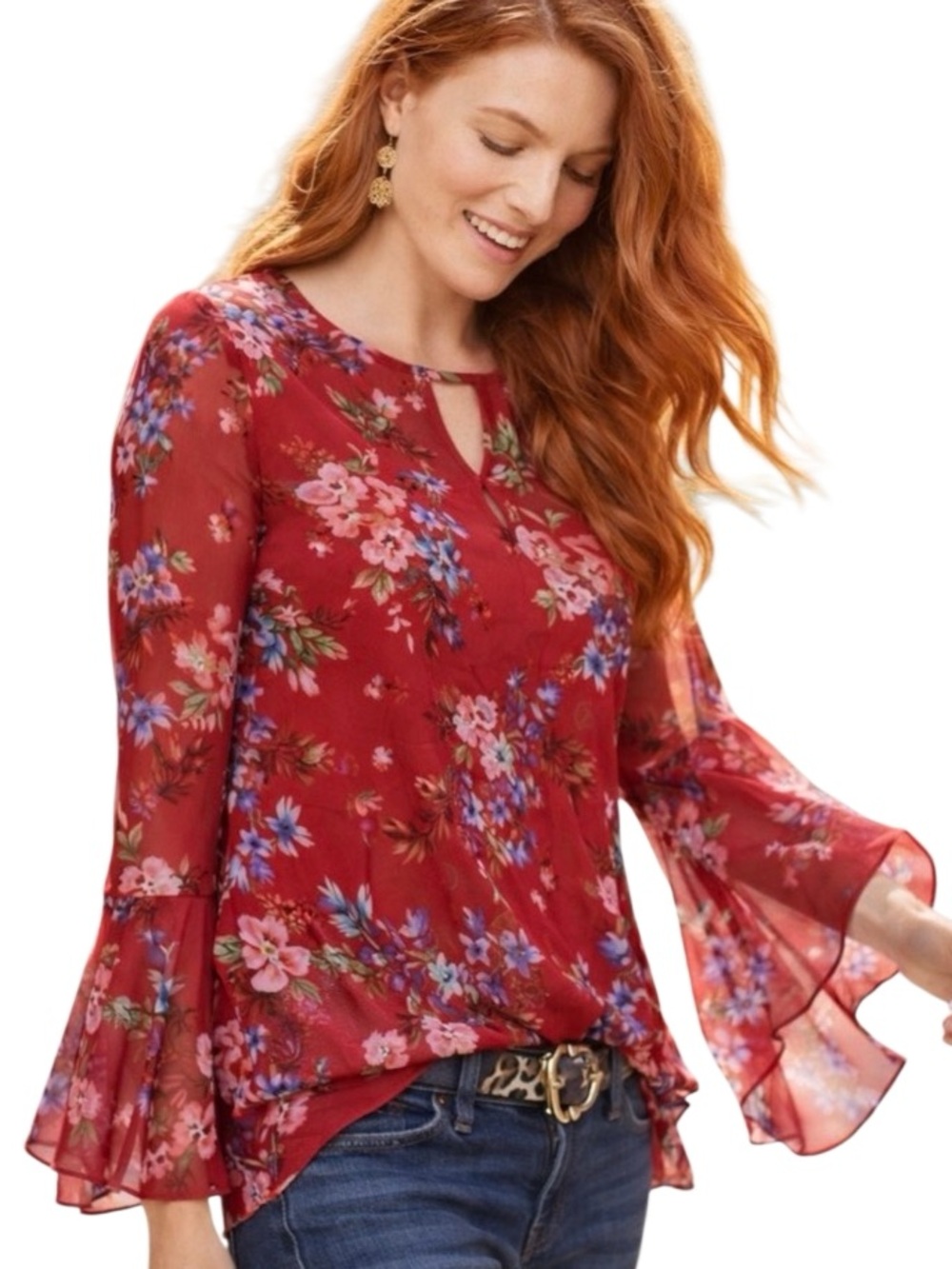 CAbi Devoted Floral Bell Sleeve Top in Red Women’s M
